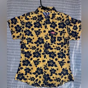 Dixxon Aloha Series Party Shirt Womens size Small yellow w blue floral